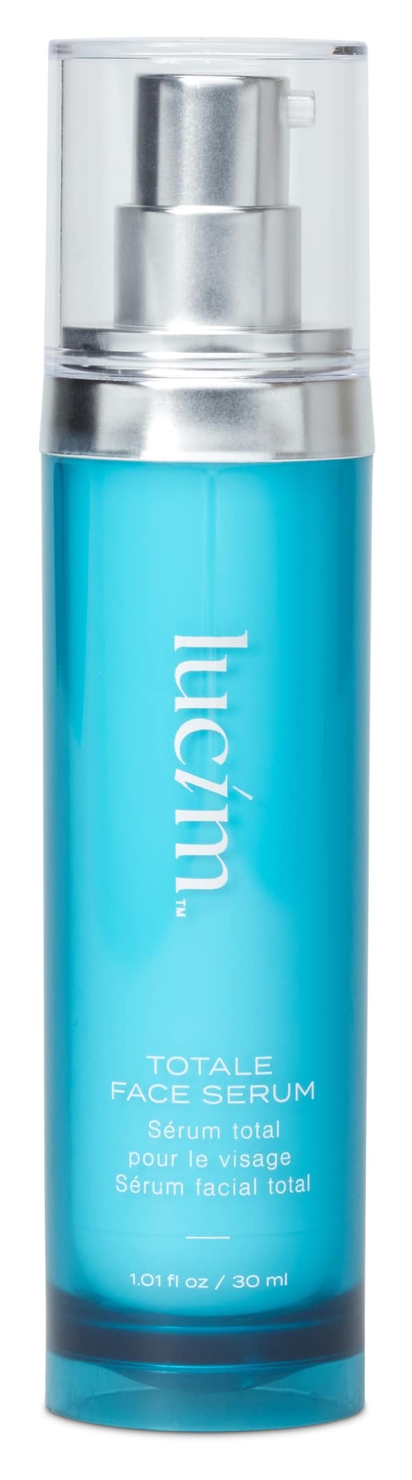 Lucim Face Serum with a blue background